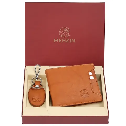 MEHZIN Men Formal Wallet  Key Ring Tan Genuine Leather RFID Wallet  (8 Card Slots) Style 142 Wallet  Key Ring Combo Gift Set