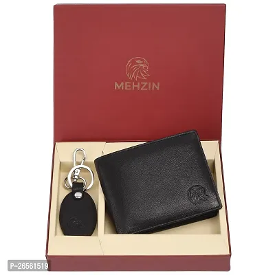 MEHZIN Men Formal Wallet   Key Ring Black Genuine Leather RFID Wallet  ( 5 Card Slots ) Style 137 Wallet  Key Ring Combo Gift set