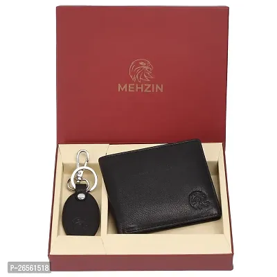MEHZIN Men Formal Wallet  Key Ring Black Genuine Leather RFID Wallet  ( 8 Card Slots ) Gift Set Wallet  Key Ring