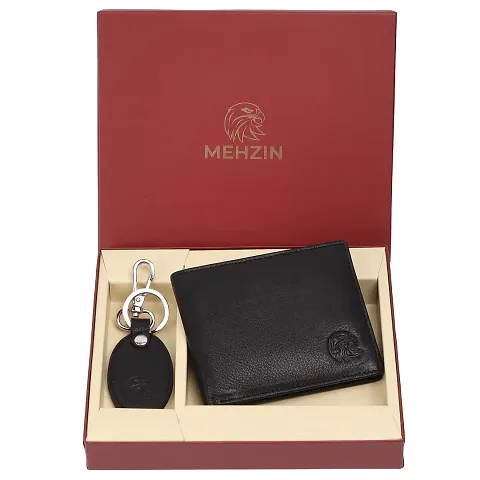 MEHZIN Men Formal Wallet  Key Ring Black Genuine Leather RFID Wallet  ( 8 Card Slots ) Gift Set Wallet  Key Ring