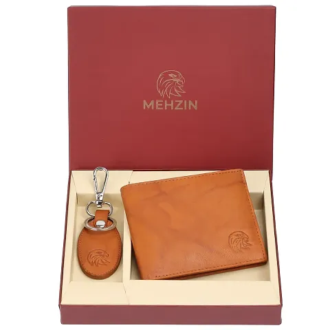 MEHZIN Men Formal Wallet  Key Ring Tan Genuine Leather RFID Wallet  ( 8 Card Slots ) Key Ring  Wallet Combo Gift Set