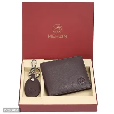 MEHZIN Men Formal Wallet  Key Ring Brown Genuine Leather RFID Wallet  ( 8 Card Slots ) Wallet  Key Ring Combo Gift Set