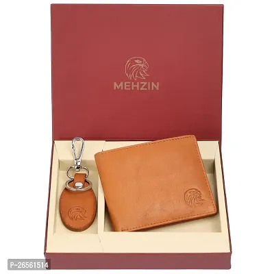 MEHZIN Men Formal Wallet  Key Ring Combo Gift Set Tan Genuine Leather RFID Wallet  (8 Card Slots) Style 133 Key ring