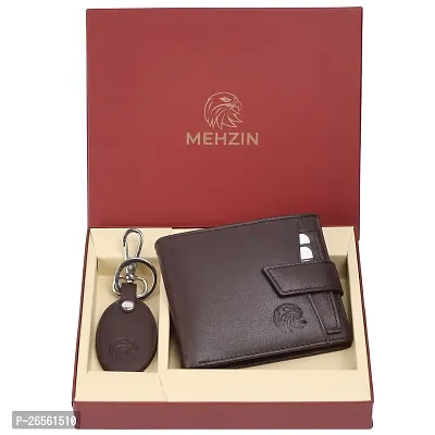 MEHZIN Men Formal Wallet  Key Ring Combo Gift Set Brown Genuine Leather RFID Wallet  (8 Card Slots ) Style 129 Key ring-thumb0