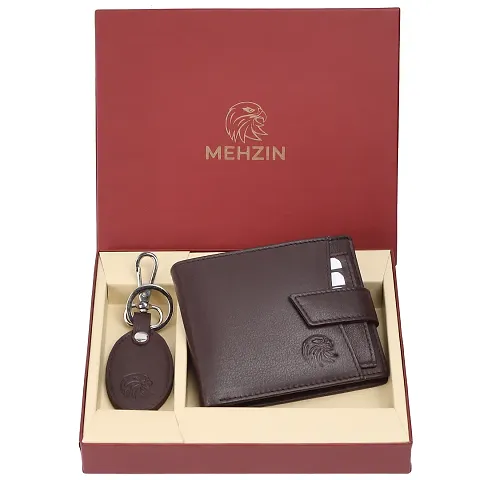 MEHZIN Men Formal Wallet  Key Ring Combo Gift Set Brown Genuine Leather RFID Wallet  (8 Card Slots ) Style 129 Key ring
