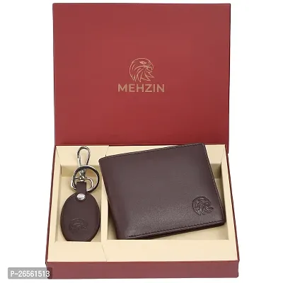 MEHZIN Men Formal Wallet  Key Ring Combo Gift Set Brown Genuine Leather RFID Wallet  (8 Card Slots) Style 132 Key ring