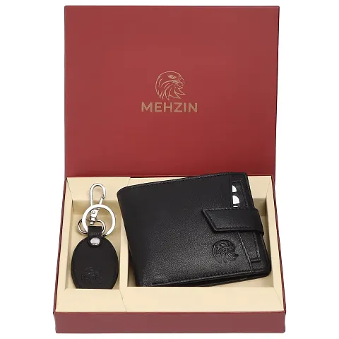 MEHZIN Men Formal Wallet  Key Ring Combo Gift Set Black Genuine Leather RFID Wallet  (8 Card Slots ) Style 128 Key ring