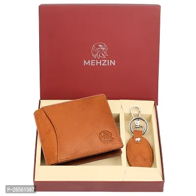 MEHZIN Men Formal Wallet  Key Ring Combo Gift Set Tan Genuine Leather RFID Wallet  (13 Card Slots) Style 127 Key Ring