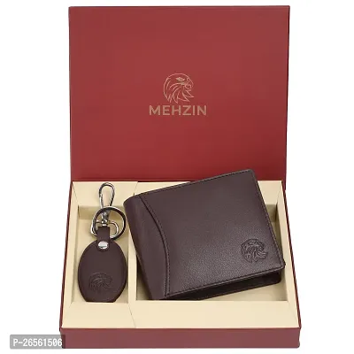 MEHZIN Men Formal Wallet  Key Ring Combo Gift Set Brown Genuine Leather RFID Wallet  (13 Card Slots) Style 126 Key ring-thumb0