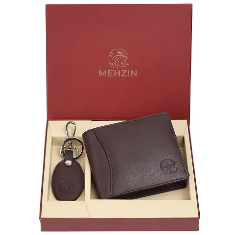 MEHZIN Men Formal Wallet  Key Ring Combo Gift Set Brown Genuine Leather RFID Wallet  (13 Card Slots) Style 126 Key ring