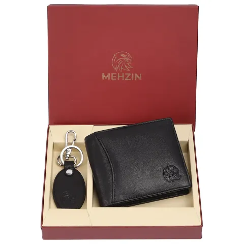 MEHZIN Men Formal Wallet  Key Ring Combo Gift Set Black Genuine Leather RFID Wallet  (13 Card Slots) Style 125 Key Ring