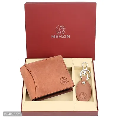 MEHZIN Men Formal Wallet  Key Ring Combo Gift Set Hunter Brown Genuine Leather RFID Wallet  (13 Card Slots) Style 124 Key ring