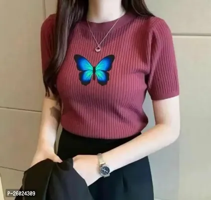 Butterfly Print Short Sleeve T-Shirt Slim Thin Round Neck Tees