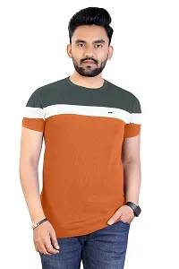 Onjx Enterprise Men's Striped Round Neck Half Sleeve Cotton Blend T Shirt (XL, Orange)-thumb1