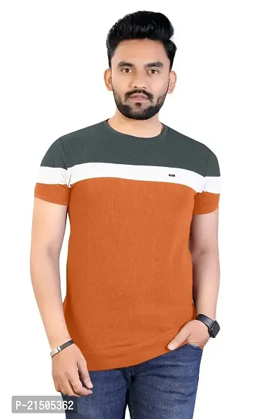 Onjx Enterprise Men's Striped Round Neck Half Sleeve Cotton Blend T Shirt (XL, Orange)-thumb2