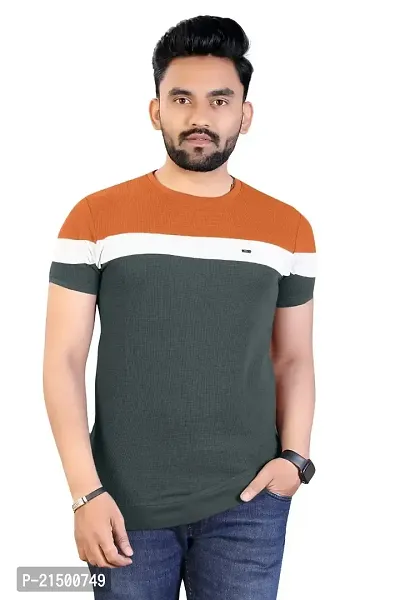 Onjx Enterprise Men's Striped Round Neck Half Sleeve Cotton Blend T Shirt (XL, CharcoalGrey)-thumb0