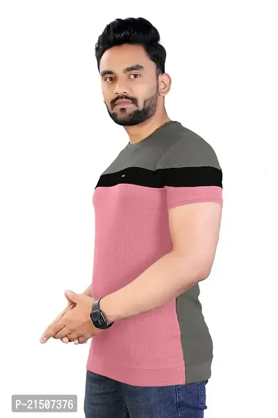 Onjx Enterprise Men's Striped Round Neck Half Sleeve Cotton Blend T Shirt (XL, Pink)