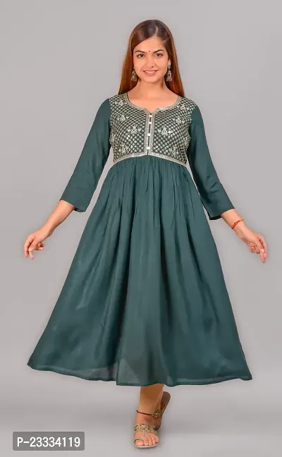 Attractive Green Embroidered Viscose Rayon Anarkali Kurta-thumb0