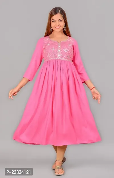 Attractive Pink Embroidered Viscose Rayon Anarkali Kurta-thumb0