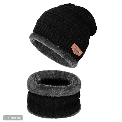 MAPPERZ Winter Stylish Woollen Knit Beanie Hat Neck Warmer Scarf Muffler Slouchy Snow Knit Skull Fleece Lined Cap with Fur Inside, Mittens Circle Set for Unisex, Adult, Black Color,1 Cap and Scarf