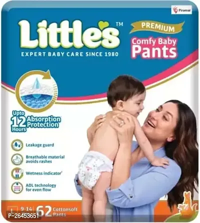 Little's Comfy Baby Pants - Premium, 12 Hours Absorption, Wetness Indicator, Cotton Soft, Large,White, 62 Count