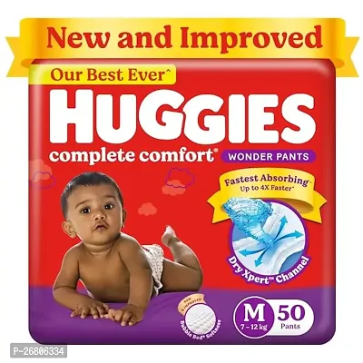 Huggies Complete Comfort Wonder Pants Medium (M) Size (7-12 Kgs) Baby Diaper Pants, 50 count| India's Fastest Absorbing Diaper with upto 4x faster absorption | Unique Dry Xpert Channel