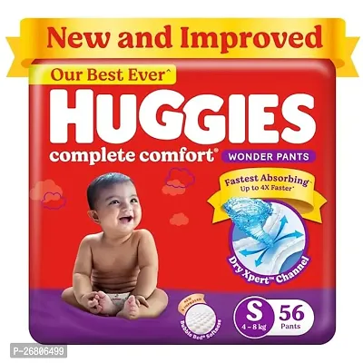 Huggies Complete Comfort Wonder Pants Small (S) Size (4-8 Kgs) Baby Diaper Pants, 56 count| India's Fastest Absorbing Diaper with upto 4x faster absorption | Unique Dry Xpert Channel