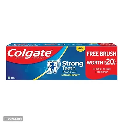 Colgate Strong Teeth, 300g with Free Toothbrush, Indiarsquo;s No: 1 Toothpaste Brand, Calcium-boost for 2X Stronger Teeth, Prevents cavities, Whitens Teeth, Freshens Breath-thumb0