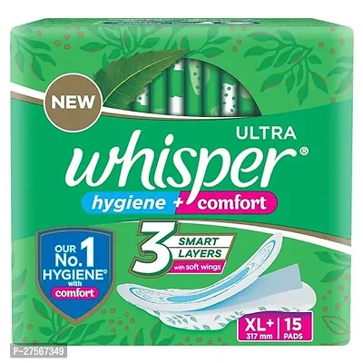 Whisper Ultra Clean Sanitary Pads for Women|15 thin Pads|XL+|Hygiene  Comfort|Soft Wings|Dry top sheet|Suitable for Heavy flow|Odour free|31.7 cm Long|With disposable wrap-thumb0