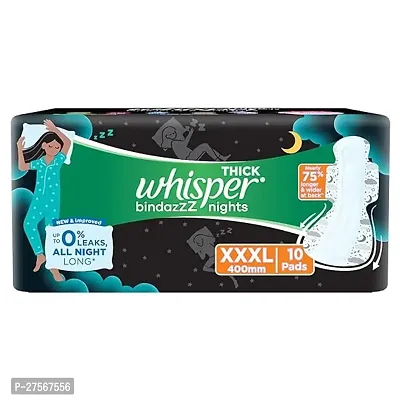 Whisper Bindazzz Night Sanitary Pads|10 Thick Pads|XXXL|upto 0% Leaks|Suitable for Heavy Flow|75% Longer  Wider back|Comfortable Cushiony soft wings|40 cm Long|With disposable wrap