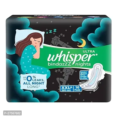 Whisper Bindazzz Night Sanitary Pads|Pack of 16 thin Pads|XXL+|upto 0% Leaks|60% Longer  Wider back|Dry top sheet|Long lasting coverage|Faster absorption|36 cm Long|With disposable wrap