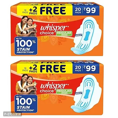 Whisper Choice Sanitary Regular Pads for Women, Regular, Pack of 20 Napkins-thumb0