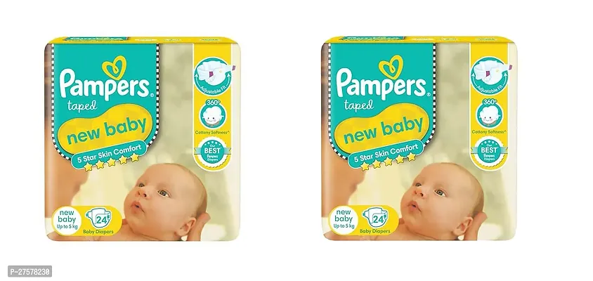 Pampers Active Baby Tape Style Baby Diapers, New Born/Extra Small (NB/XS) Size, 24 Count, (pack of 2) Adjustable Fit with 5 star skin protection, Up to 5kg Diapers