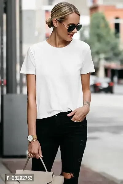 Elegant White Cotton Solid Tshirt For Women-thumb0