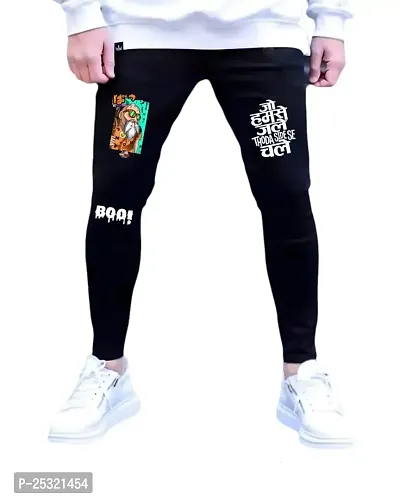 Stylish Black Cotton Printed Mid-Rise Jeans For Men