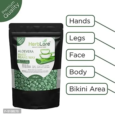 HerbLore Hard Hair Body Wax Beans - Best for Painless Hair Removal, Waxing for Face, Eyebrow, Back, Chest, Bikini Areas, Legs Easily At Home - 100 Grams (Aloevera)-thumb2