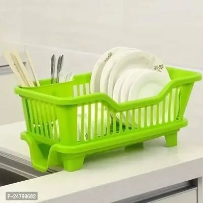 Somnath Enterprise 3 in 1 Large Durable Plastic Kitchen Sink Dish Rack Drainer Drying Rack Washing Basket with Tray for Kitchen, Dish Rack Organizers, Utensils Tools Cutlery (Green)-thumb3