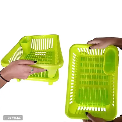 SATISH S C Enterprise 3 in 1 Kitchen Sink Dish Drainer Drying Rack Utensils Washing Holder Plastic Basket Organizer with Tray and Utensil Cutlery Holder Cup (Green)-thumb3