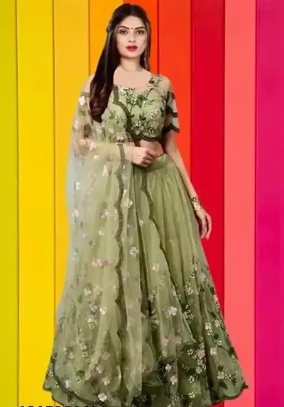 Amazon Brand Sojitra Enterprise Women's Mehndi Color Net Semi Stitched Lehenga Choli Free Size