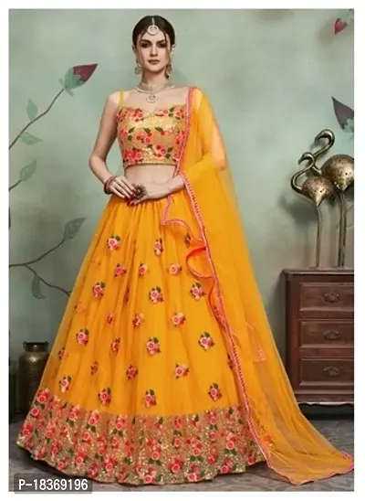 Stylish Yellow Net Embroidered Lehenga Choli Set For Women-thumb0