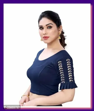 Elegant Navy Blue Cotton Blend Blouses For Women-thumb2