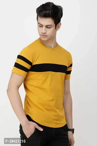 Reliable Yellow Cotton Striped Round Neck Tees For Men-thumb3