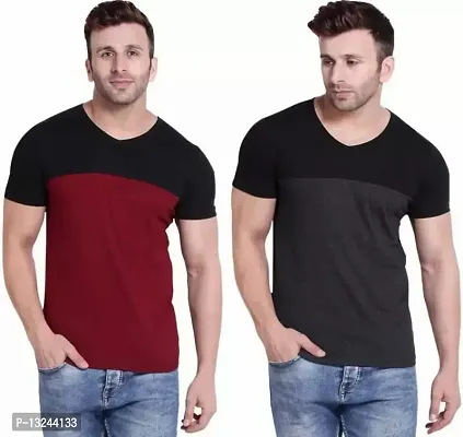 Reliable Multicoloured Cotton Colourblocked V Neck Tees For Men-thumb0