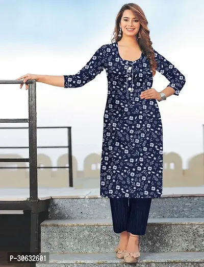 Stylish Navy Blue Khadi Cotton Printed Kurta Bottom Set For Women-thumb0