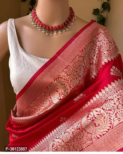 Women's Kanchipuram Banarasi Lichi Silk Kanjivaram butta Saree With Blouse and Big Border. (Red Colour)