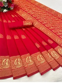 Women's Kanchipuram Banarasi Lichi Silk Kanjivaram butta Saree With Blouse and Big Border. (Red Colour)-thumb1