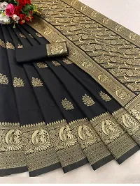 Women's Kanchipuram Banarasi Lichi Silk Kanjivaram butta Saree With Blouse and Big Border. (Black Colour)-thumb2