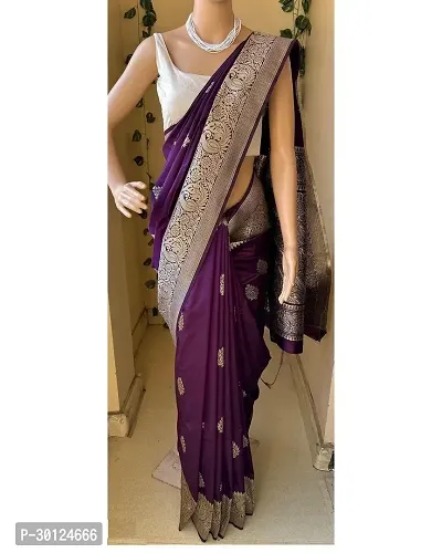 Women's Kanchipuram Banarasi Lichi Silk Kanjivaram butta Saree With Blouse and Big Border. (Wine Colour)-thumb0