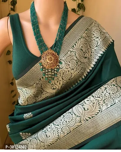 Women's Kanchipuram Banarasi Lichi Silk Kanjivaram butta Saree With Blouse and Big Border. (Green Colour)