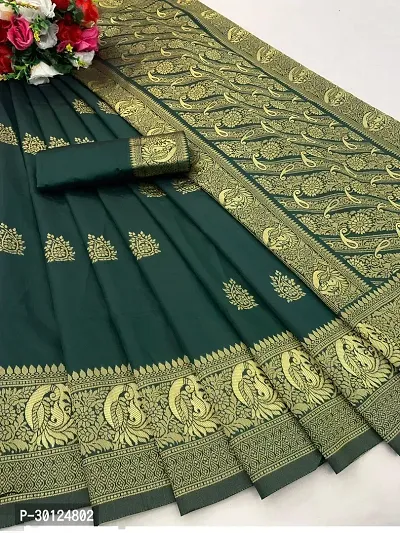 Women's Kanchipuram Banarasi Lichi Silk Kanjivaram butta Saree With Blouse and Big Border. (Green Colour)-thumb2